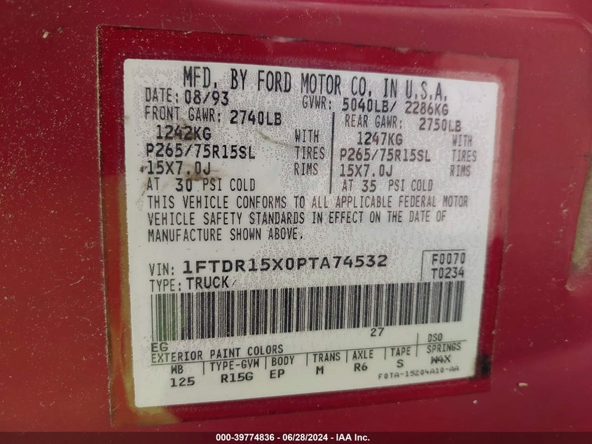 1993 Ford Ranger Super Cab VIN: 1FTDR15X0PTA74532 Lot: 39774836