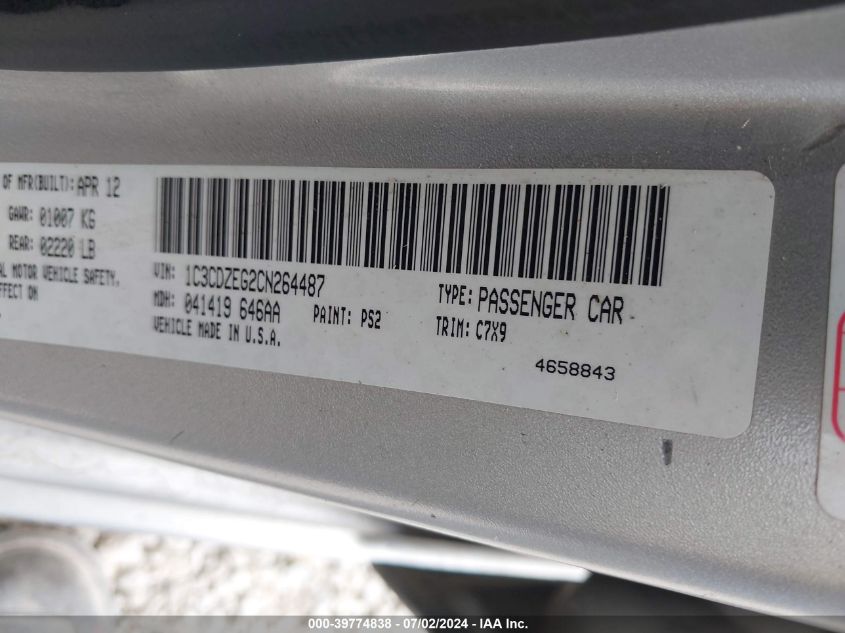 2012 Dodge Avenger Sxt VIN: 1C3CDZEG2CN264487 Lot: 39774838