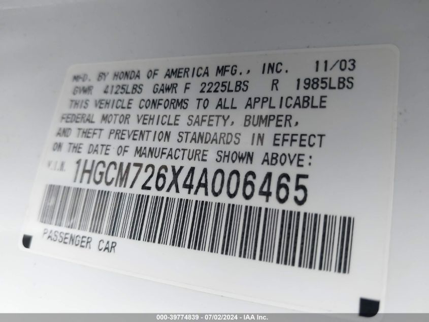 2004 Honda Accord Ex VIN: 1HGCM726X4A006465 Lot: 39774839