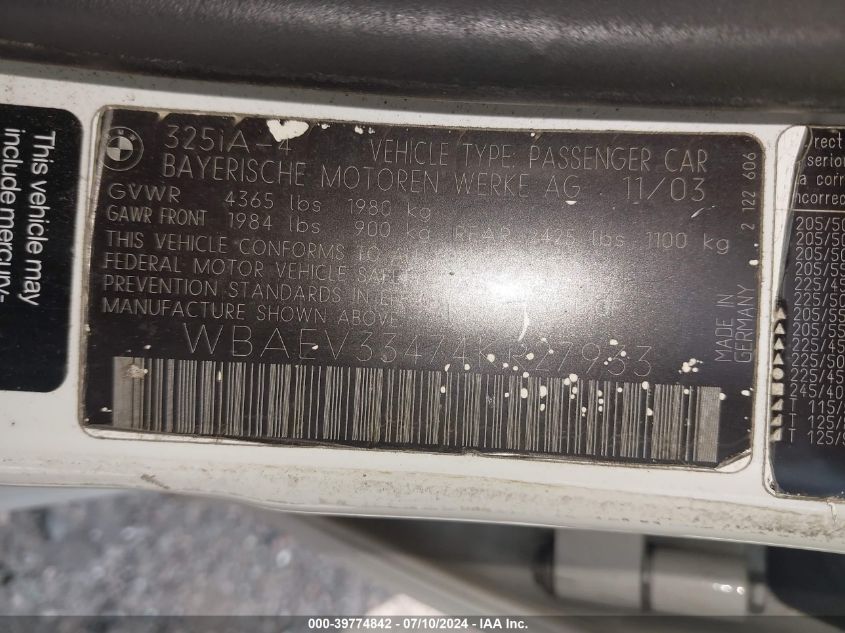 2004 BMW 325I VIN: WBAEV33474KR27933 Lot: 39774842