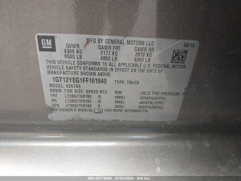 2015 GMC Sierra 2500Hd Sle VIN: 1GT12YEG1FF161840 Lot: 39774850