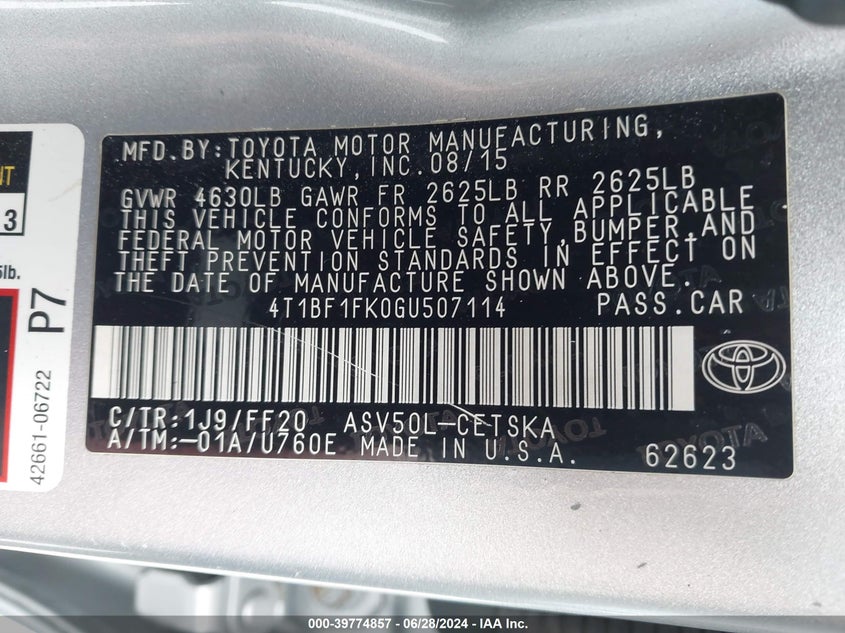 2016 Toyota Camry Se VIN: 4T1BF1FK0GU507114 Lot: 39774857