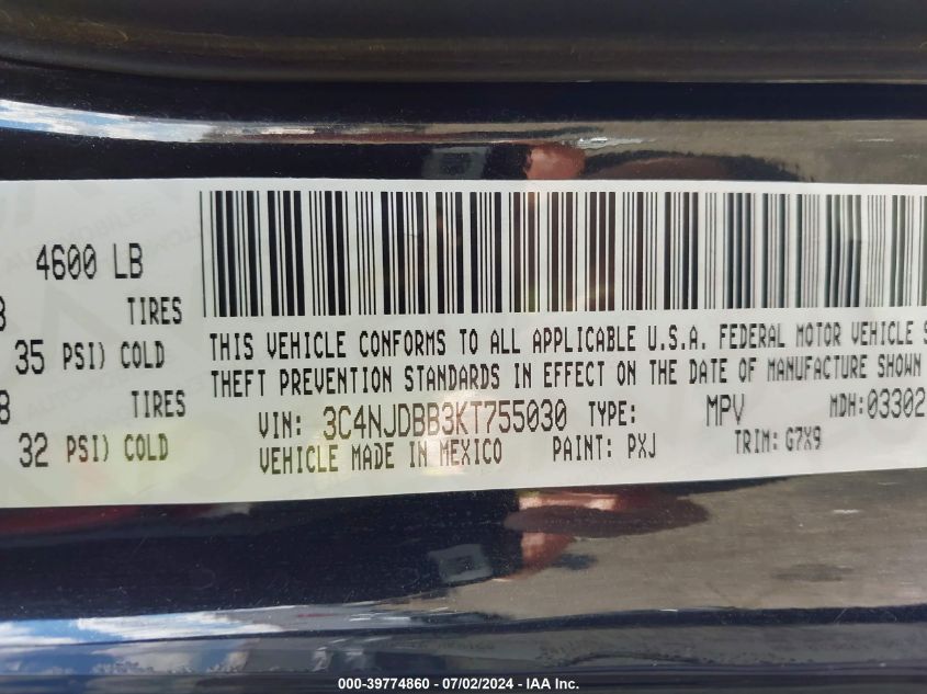 2019 Jeep Compass Altitude 4X4 VIN: 3C4NJDBB3KT755030 Lot: 39774860