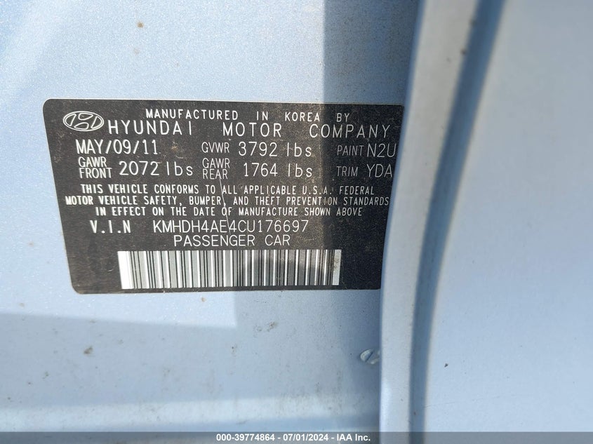 2012 Hyundai Elantra Gls (Ulsan Plant) VIN: KMHDH4AE4CU176697 Lot: 39774864