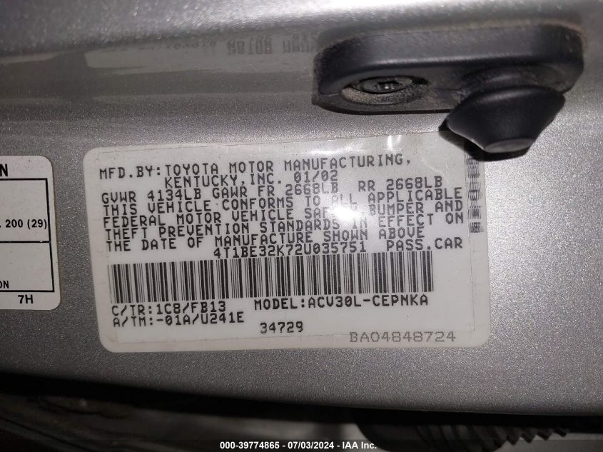 4T1BE32K72U035751 2002 Toyota Camry Le/Xle/Se