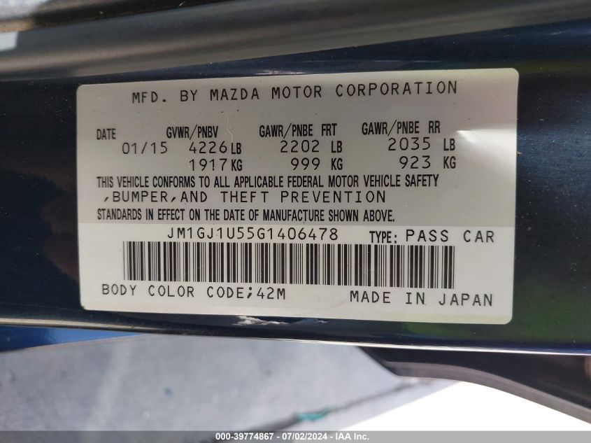 2016 Mazda Mazda6 I Sport VIN: JM1GJ1U55G1406478 Lot: 39774867