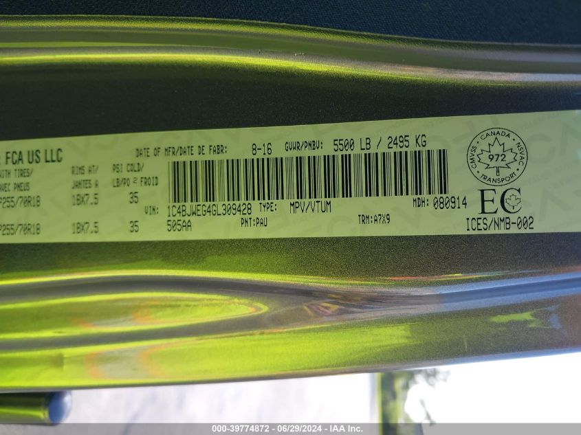 2016 Jeep Wrangler Unlimited Sahara VIN: 1C4BJWEG4GL309428 Lot: 39774872