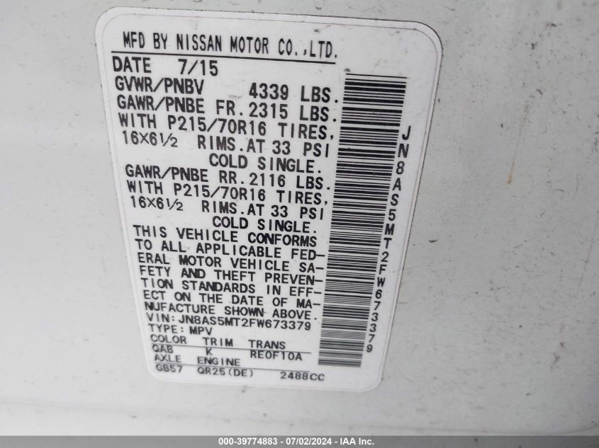 2015 Nissan Rogue Select S VIN: JN8AS5MT2FW673379 Lot: 39774883