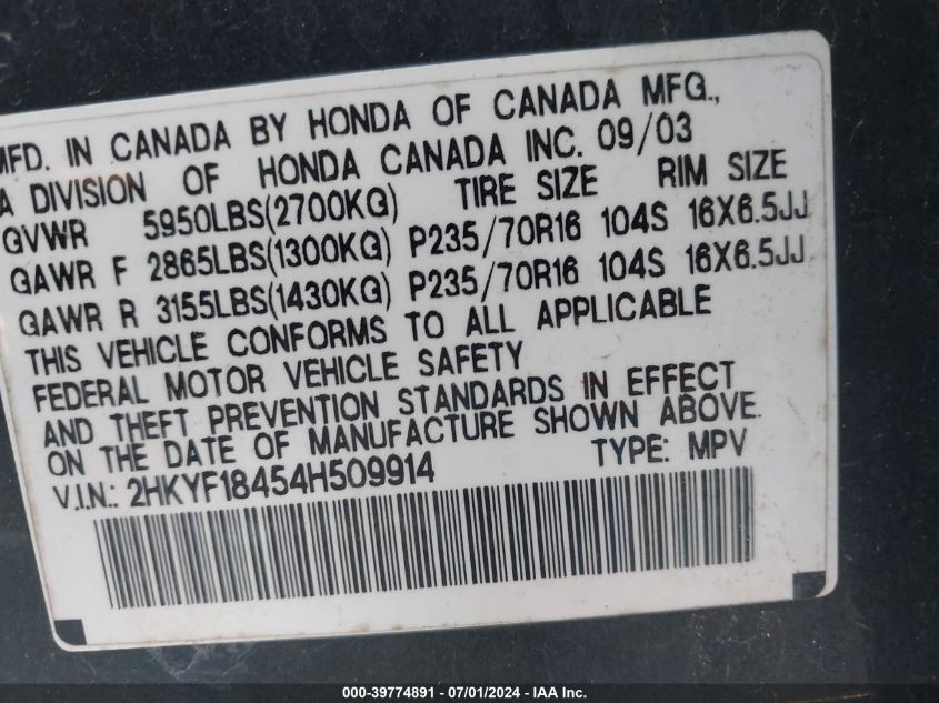 2004 Honda Pilot Ex VIN: 2HKYF18454H509914 Lot: 39774891