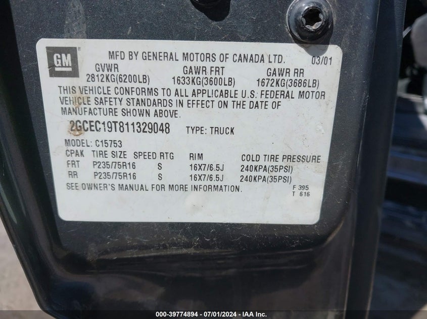 2001 Chevrolet Silverado 1500 Ls VIN: 2GCEC19T811329048 Lot: 39774894