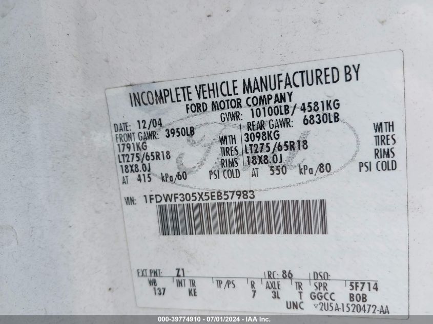2005 Ford F-350 Xl/Xlt VIN: 1FDWF305X5EB57983 Lot: 39774910