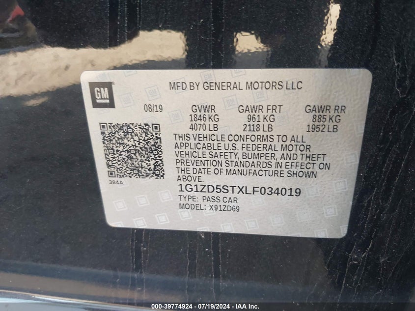 2020 Chevrolet Malibu Fwd Lt VIN: 1G1ZD5STXLF034019 Lot: 39774924