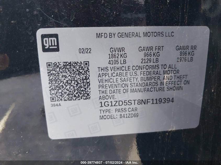 2022 CHEVROLET MALIBU LT - 1G1ZD5ST8NF119394
