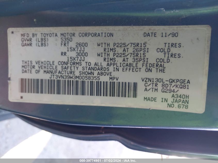 1991 Toyota 4Runner Vn39 Sr5 VIN: JT3VN39W3M0058355 Lot: 39774951
