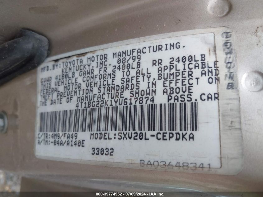 2000 Toyota Camry Ce VIN: 4T1BG22K1YU617874 Lot: 39774952