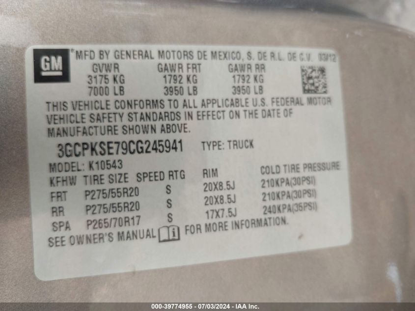 2012 Chevrolet Silverado 1500 Lt VIN: 3GCPKSE79CG245941 Lot: 39774955