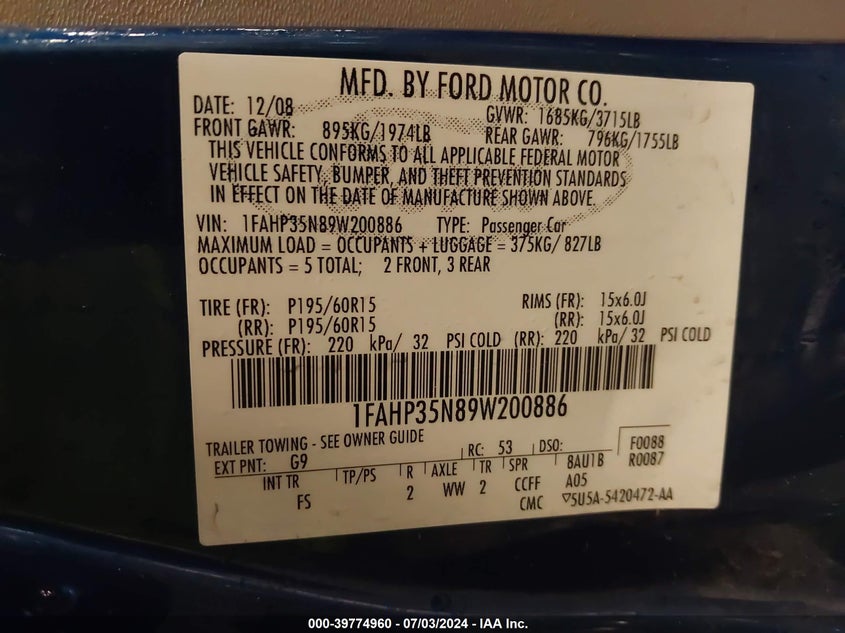 2009 Ford Focus Se VIN: 1FAHP35N89W200886 Lot: 39774960