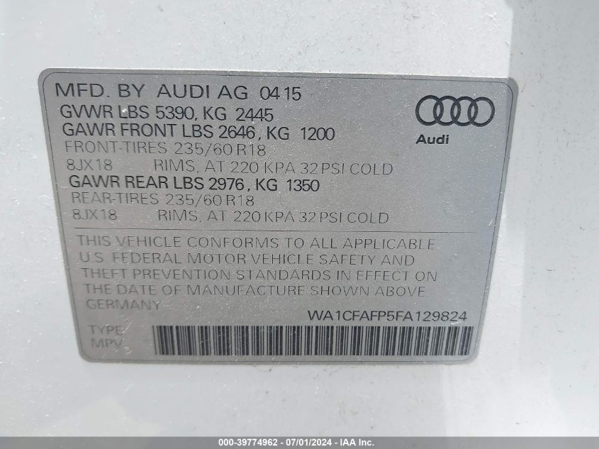 2015 Audi Q5 2.0T Premium VIN: WA1CFAFP5FA129824 Lot: 39774962