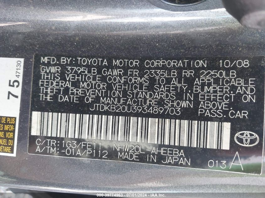 2009 Toyota Prius VIN: JTDKB20U393489703 Lot: 39774963