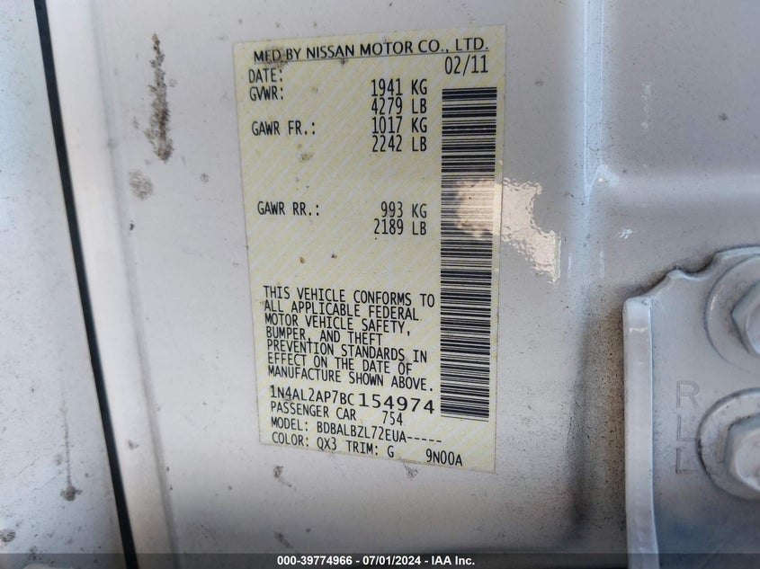 2011 Nissan Altima 2.5 S VIN: 1N4AL2AP7BC154974 Lot: 39774966