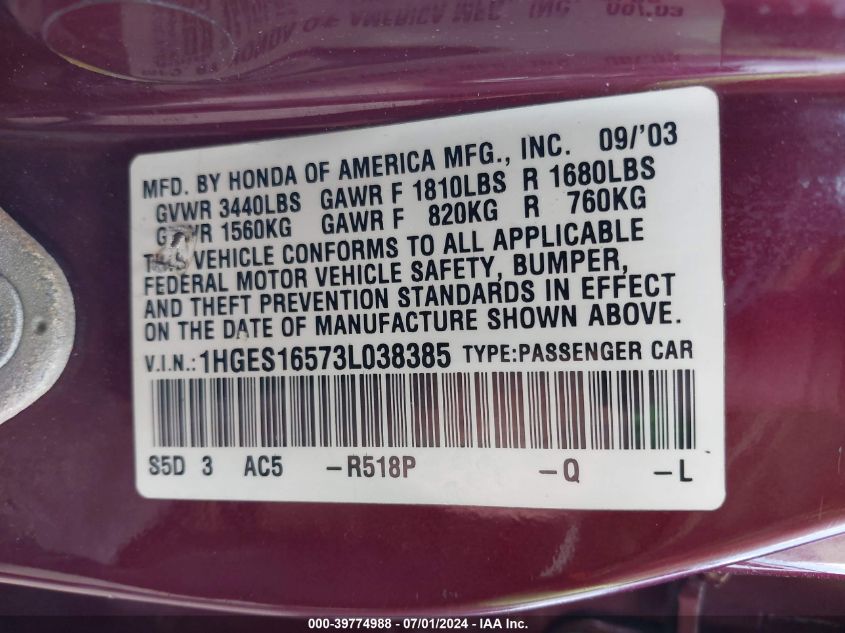 2003 Honda Civic Lx VIN: 1HGES16573L038385 Lot: 39774988