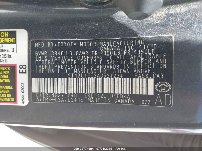 2010 Toyota Corolla Le VIN: 2T1BU4EE2AC524234 Lot: 39774994