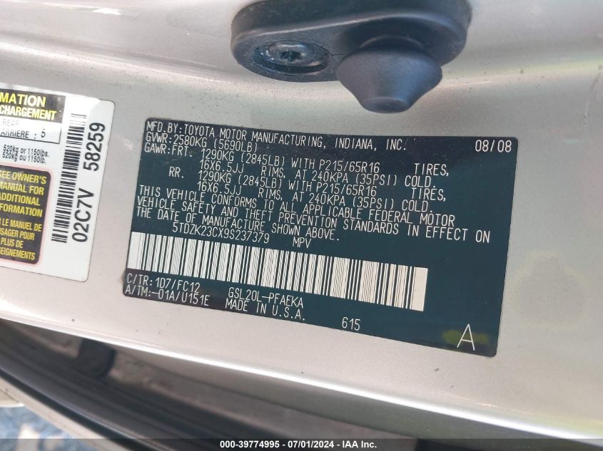 2009 Toyota Sienna Le VIN: 5TDZK23CX9S237379 Lot: 39774995