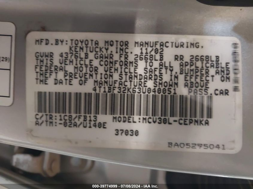 2003 Toyota Camry Le/Xle/Se VIN: 4T1BF32K63U040051 Lot: 39774999