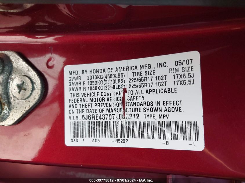 2007 Honda Cr-V Ex-L VIN: 5J6RE48707L003212 Lot: 39775012