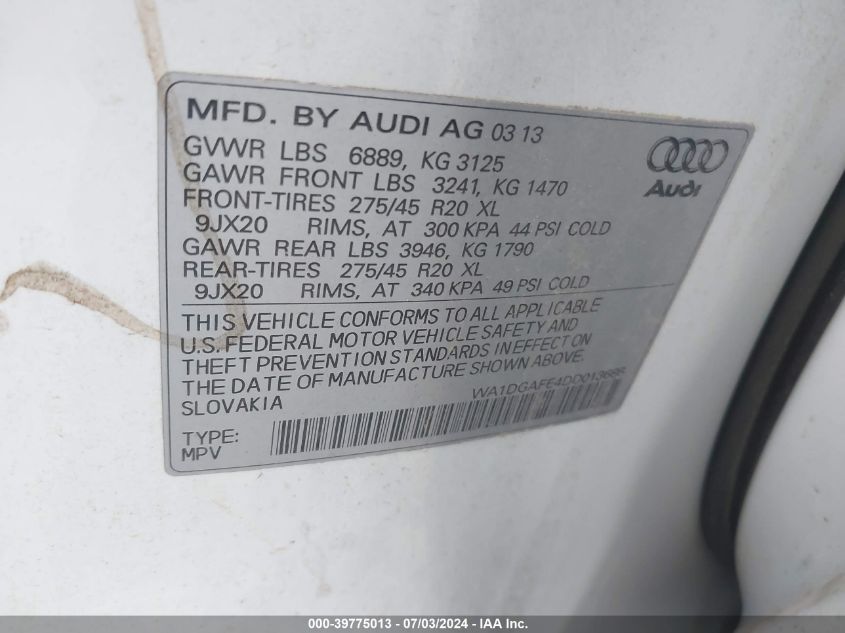 WA1DGAFE4DD013686 2013 Audi Q7 3.0T S Line Prestige