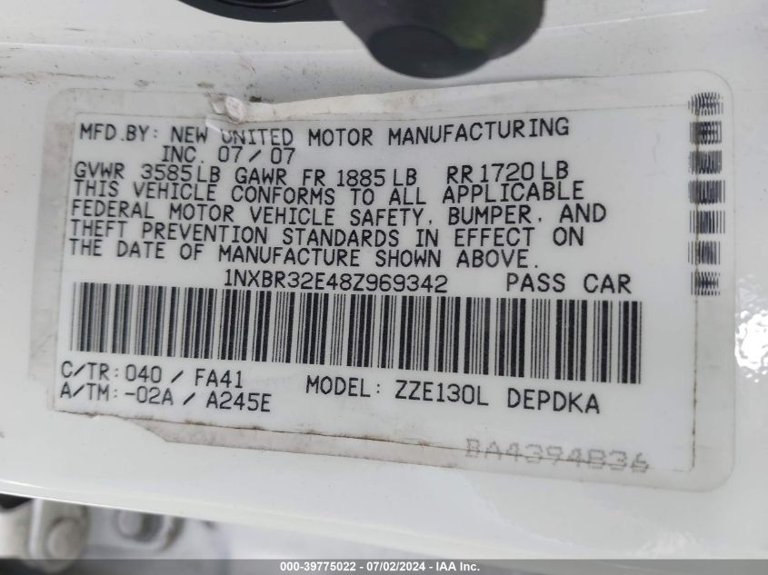 2008 Toyota Corolla Ce VIN: 1NXBR32E48Z969342 Lot: 39775022