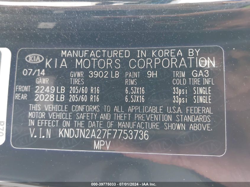 2015 Kia Soul VIN: KNDJN2A27F7753736 Lot: 39775033