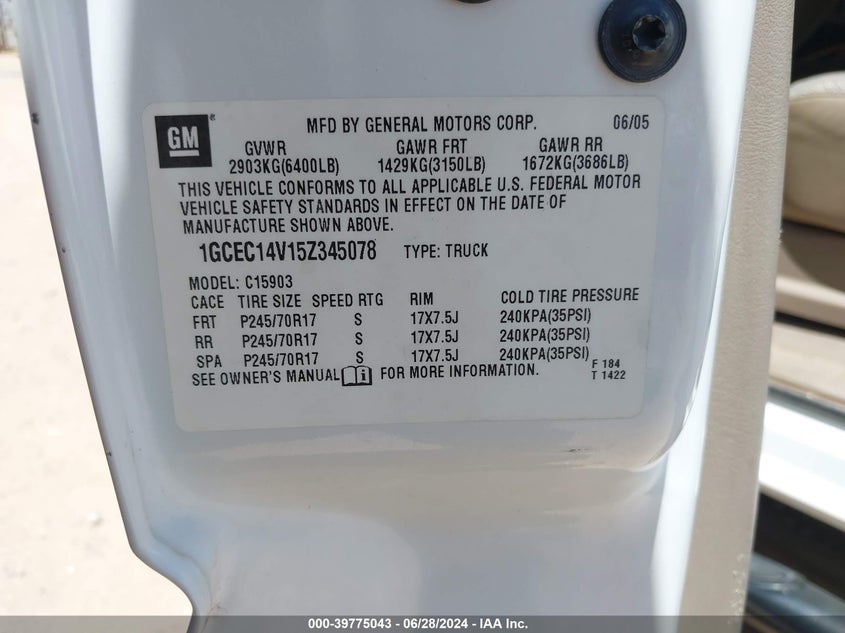 2005 Chevrolet Silverado 1500 Work Truck VIN: 1GCEC14V15Z345078 Lot: 39775043