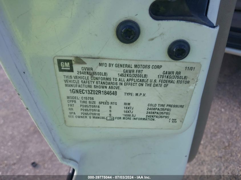 2002 Chevrolet Tahoe Ls VIN: 1GNEC13Z02R184648 Lot: 39775044