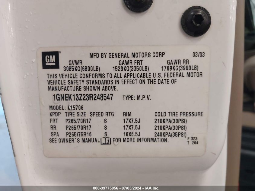 2003 Chevrolet Tahoe K1500 VIN: 1GNEK13Z23R248547 Lot: 39775056