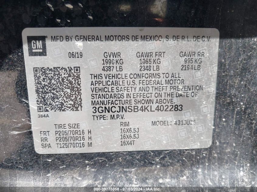 2019 Chevrolet Trax Ls VIN: 3GNCJNSB4KL402283 Lot: 39775058