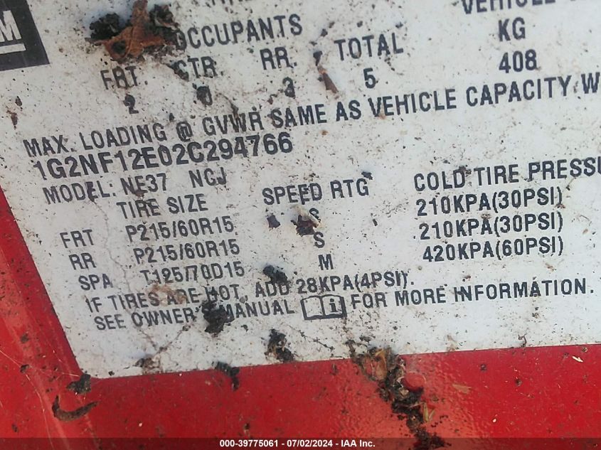 2002 Pontiac Grand Am Se1 VIN: 1G2NF12E02C294766 Lot: 39775061