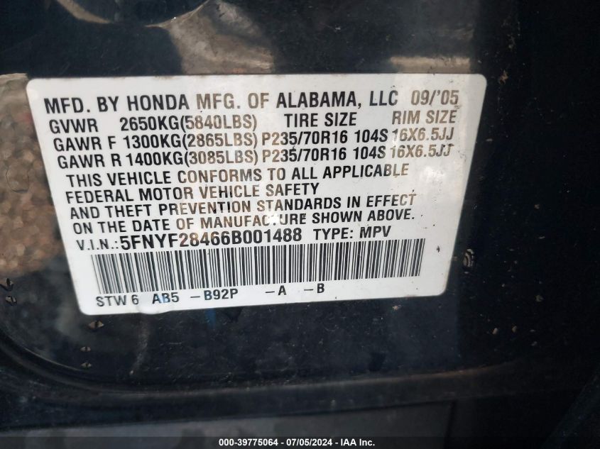 2006 Honda Pilot Ex VIN: 5FNYF28466B001488 Lot: 39775064