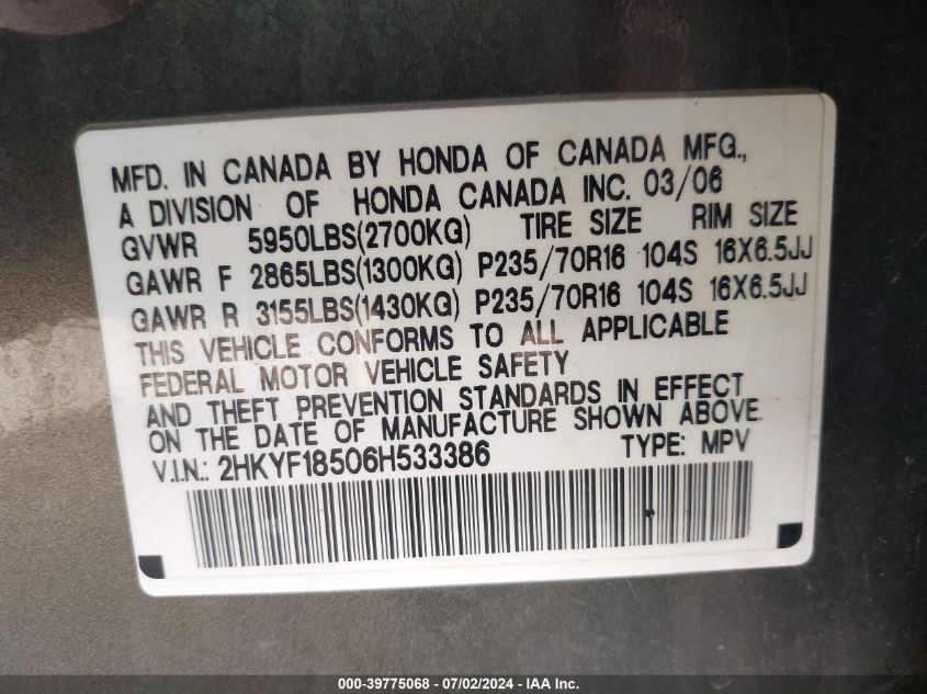 2006 Honda Pilot Ex-L VIN: 2HKYF18506H533386 Lot: 39775068