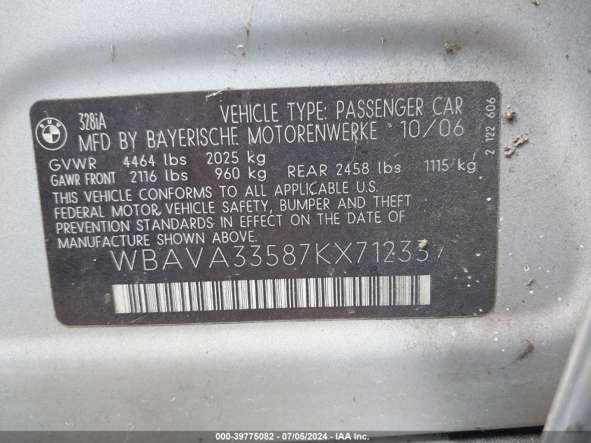 2007 BMW 328I VIN: WBAVA33587KX71233 Lot: 39775082