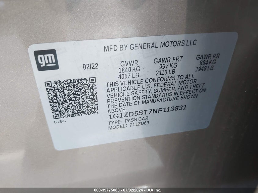 2022 Chevrolet Malibu Fwd Lt VIN: 1G1ZD5ST7NF113831 Lot: 39775083