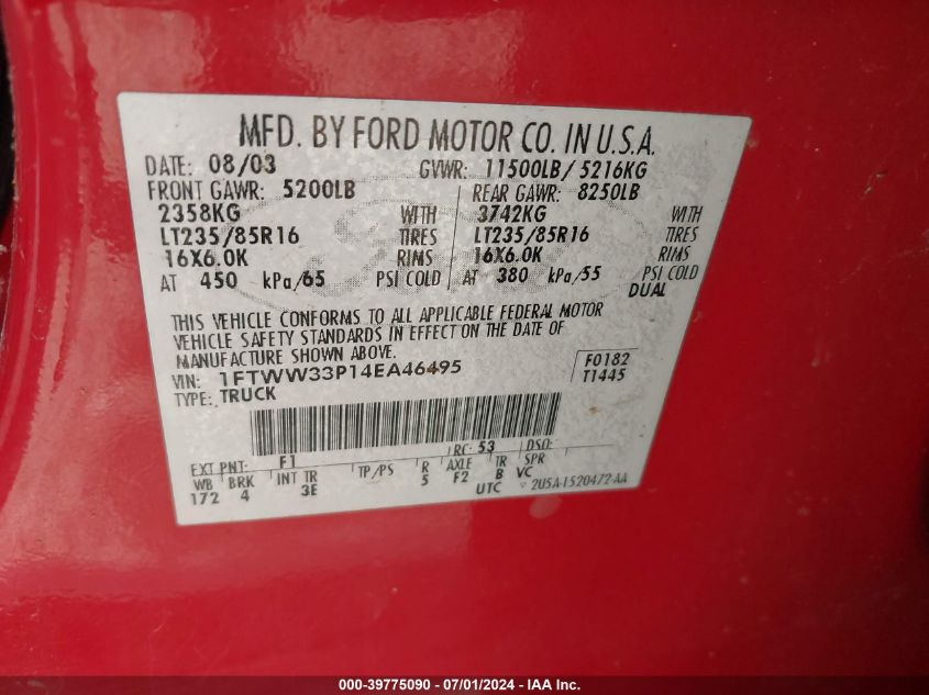 2004 Ford F-350 Lariat/Xl/Xlt VIN: 1FTWW33P14EA46495 Lot: 39775090