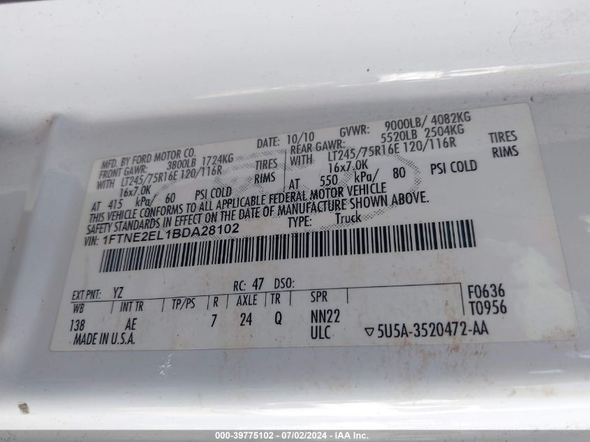 2011 Ford Econoline E250 Van VIN: 1FTNE2EL1BDA28102 Lot: 39775102