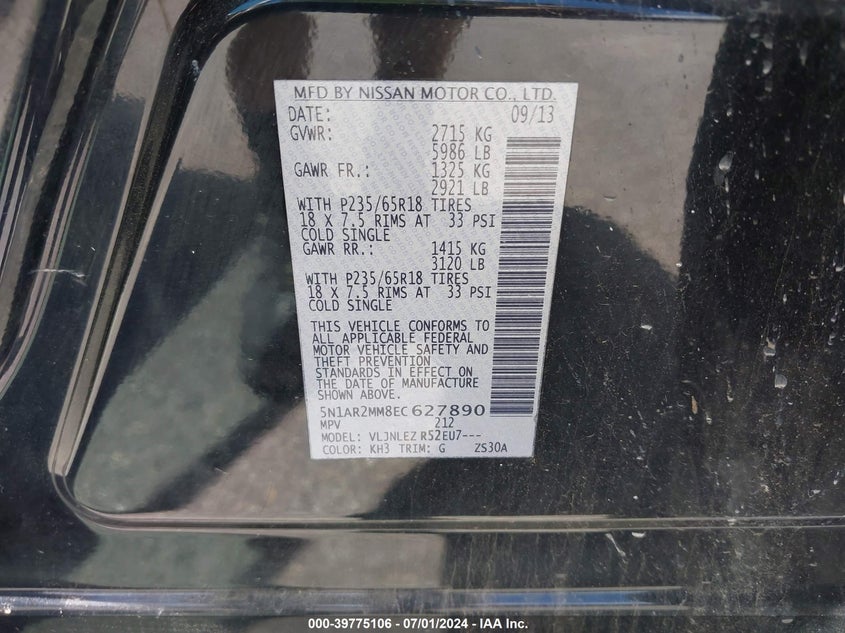 2014 Nissan Pathfinder Sv VIN: 5N1AR2MM8EC627890 Lot: 39775106