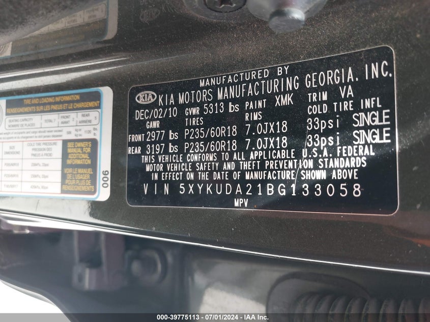 2011 Kia Sorento Ex V6 VIN: 5XYKUDA21BG133058 Lot: 39775113