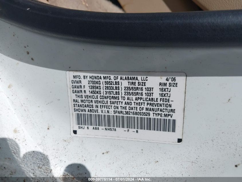 2006 Honda Odyssey Lx VIN: 5FNRL38216B093529 Lot: 39775114