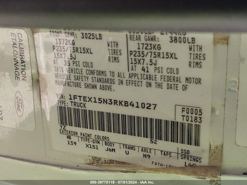 1994 Ford F150 VIN: 1FTEX15N3RKB41027 Lot: 39775119