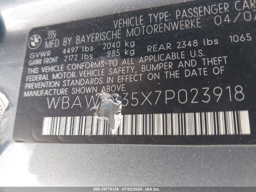 2007 BMW 335 I VIN: WBAWB735X7P023918 Lot: 39775124
