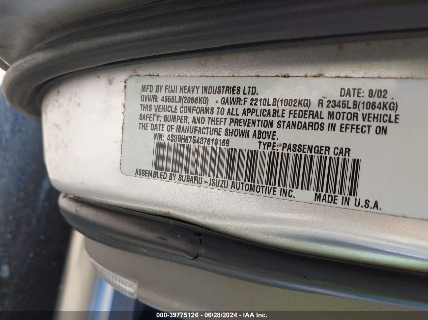 2003 Subaru Outback VIN: 4S3BH675437616169 Lot: 39775126