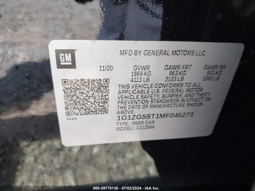 2021 Chevrolet Malibu Fwd Rs VIN: 1G1ZG5ST1MF045273 Lot: 39775130